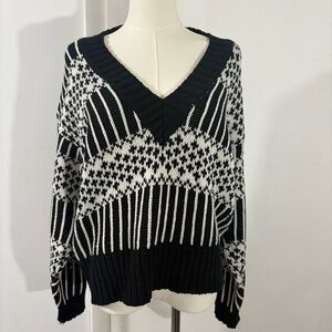 Vtg Liz Sport V Neck Fisherman Sweater Lg Black White Stripe Granny Cottagecore